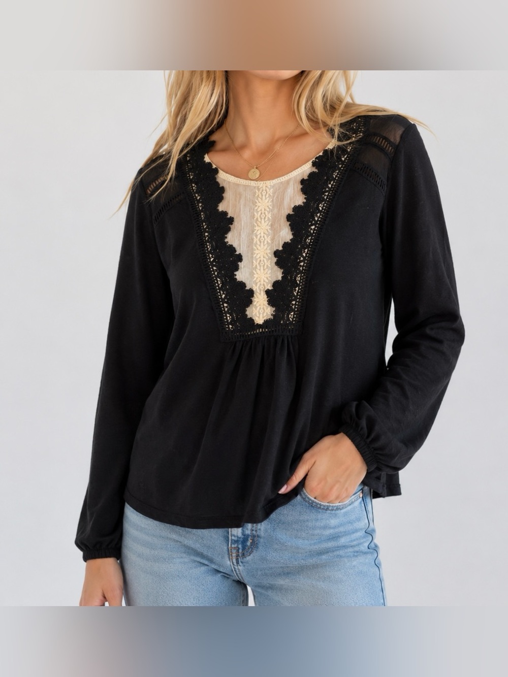 Meadow Rue by Anthropologie Black with Cream Lace Long-Sleeve Blouse - Size S